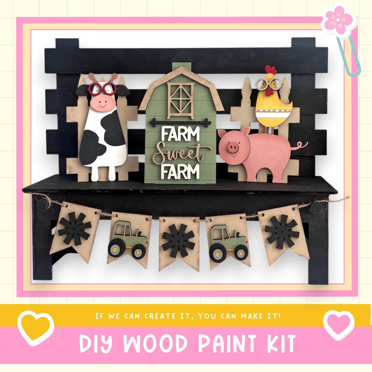 The image is a DIY wood paint kit featuring farm-themed decorations, including a cow, pig, chicken, and tractor. The kit appears to be made of wood and is displayed on a shelf or table.