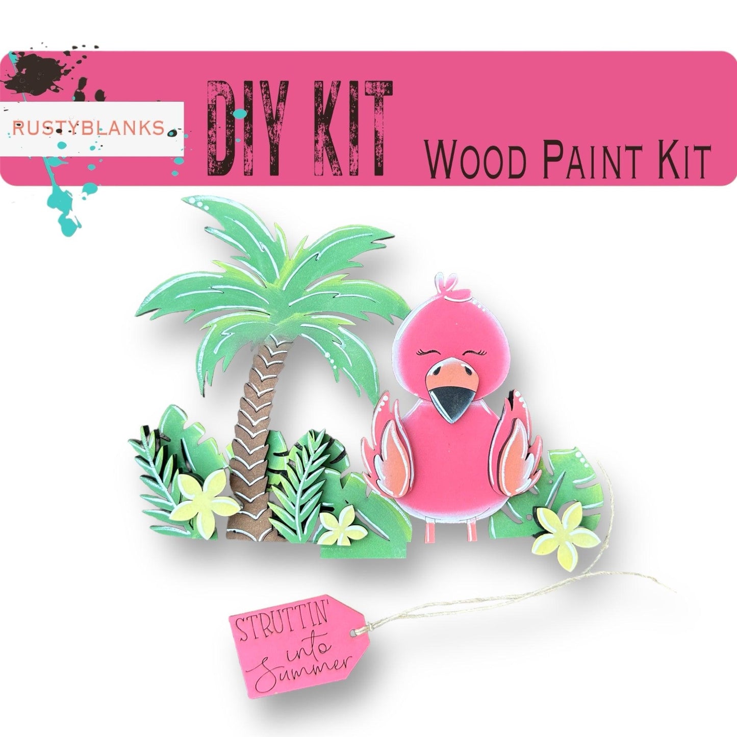 a pink flamingo with a palm tree and a sign that says diy kit