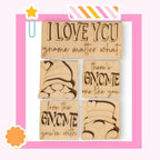 a set of four rubber stamps that say i love you