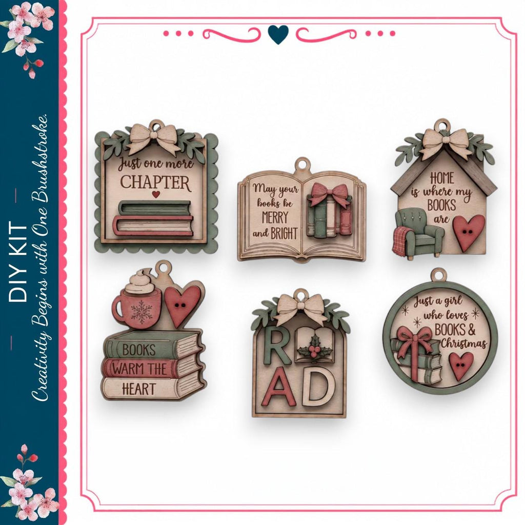 six wooden ornaments with various text and designs related to books and reading.