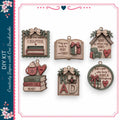 six wooden ornaments with various text and designs related to books and reading.