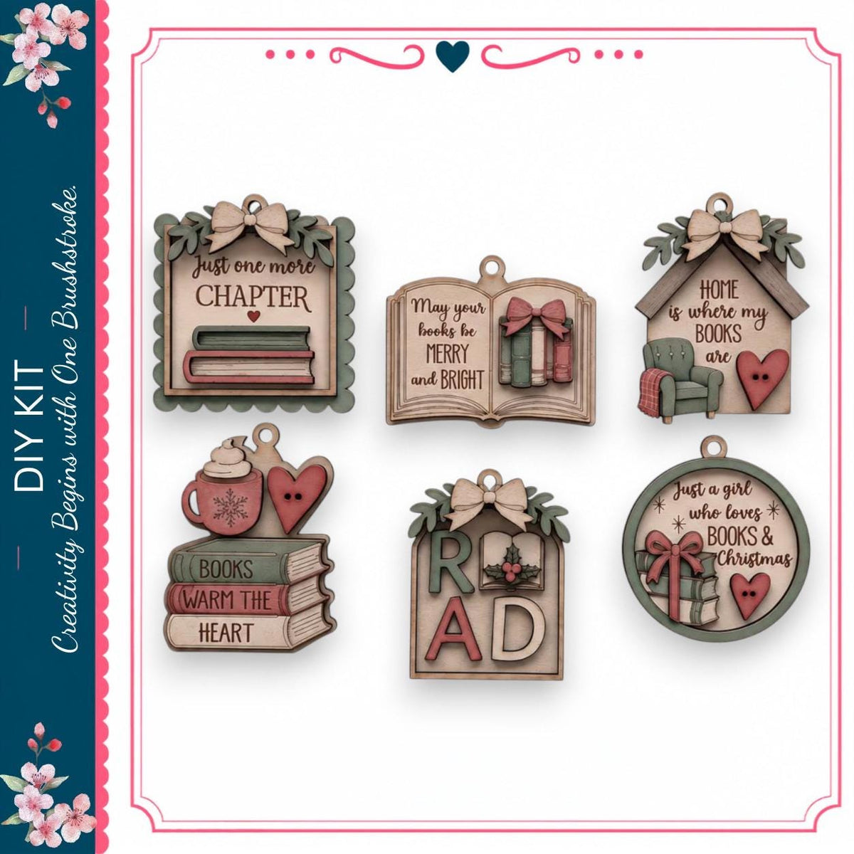 six wooden ornaments with various text and designs related to books and reading.