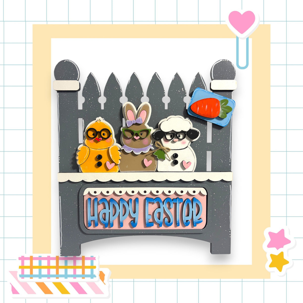 A cheerful Easter greeting featuring three cartoon animal characters - a chicken, a rabbit, and a sheep - sitting on a wooden bench with the text "Happy Easter" displayed on the bench.