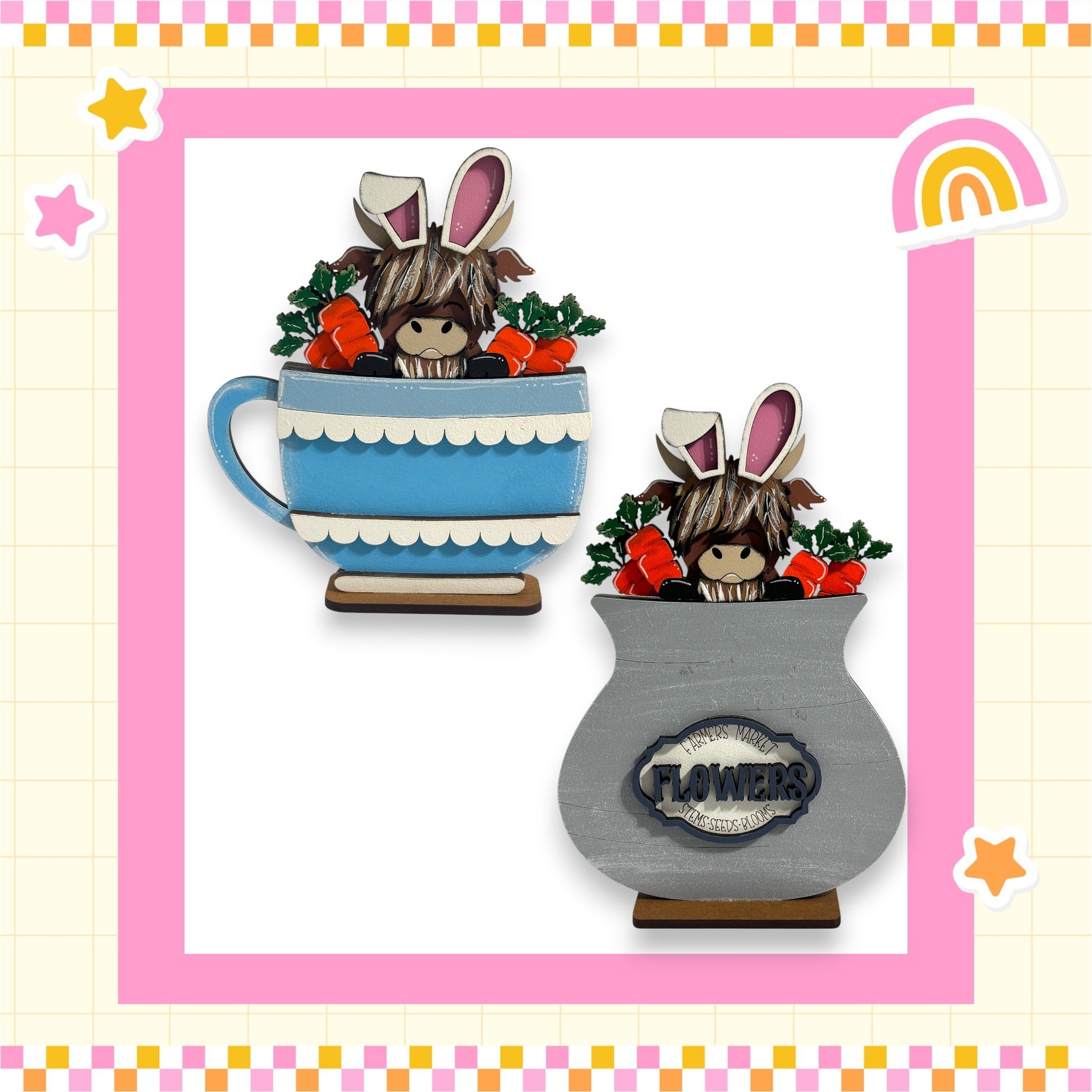 two ceramic vases with whimsical designs, each containing a small rabbit figurine. The vases are decorated with flowers and have a charming, playful appearance.