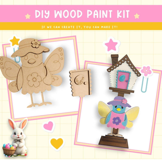 a wooden craft kit of a bird, a birdhouse, and a bird