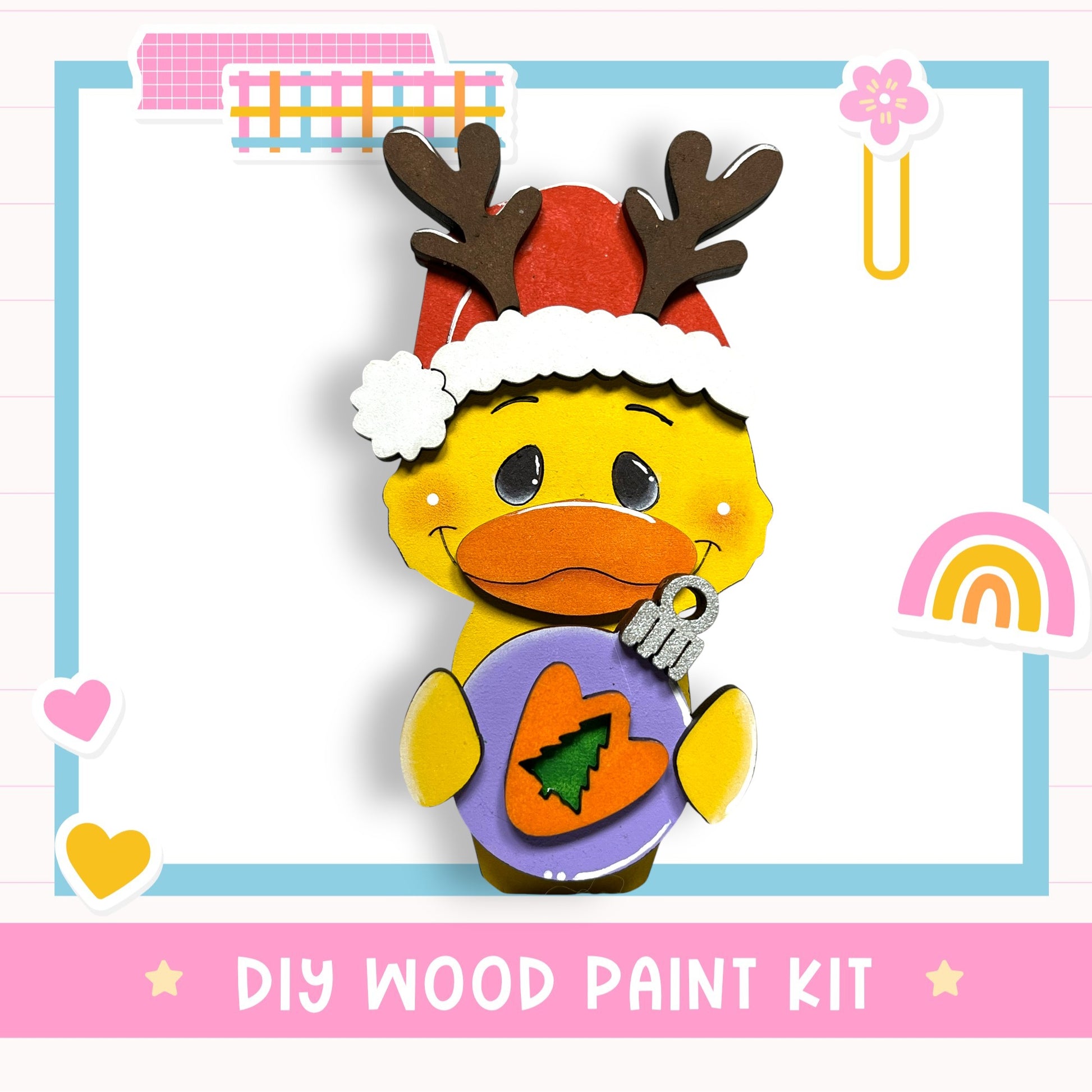 A cheerful cartoon duck wearing a Santa hat and holding a Christmas ornament, with the text "DIY WOOD PAINT KIT" below the image.