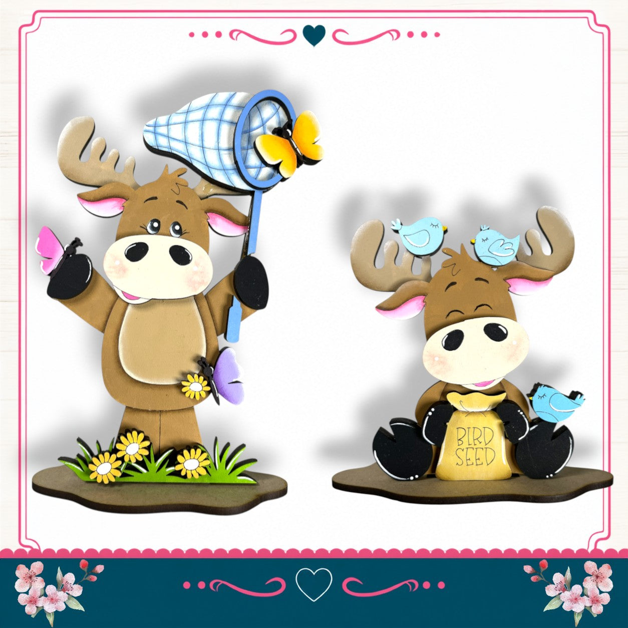 two moose figurines, one standing and one sitting, each holding a butterfly net and a bird seed bag.