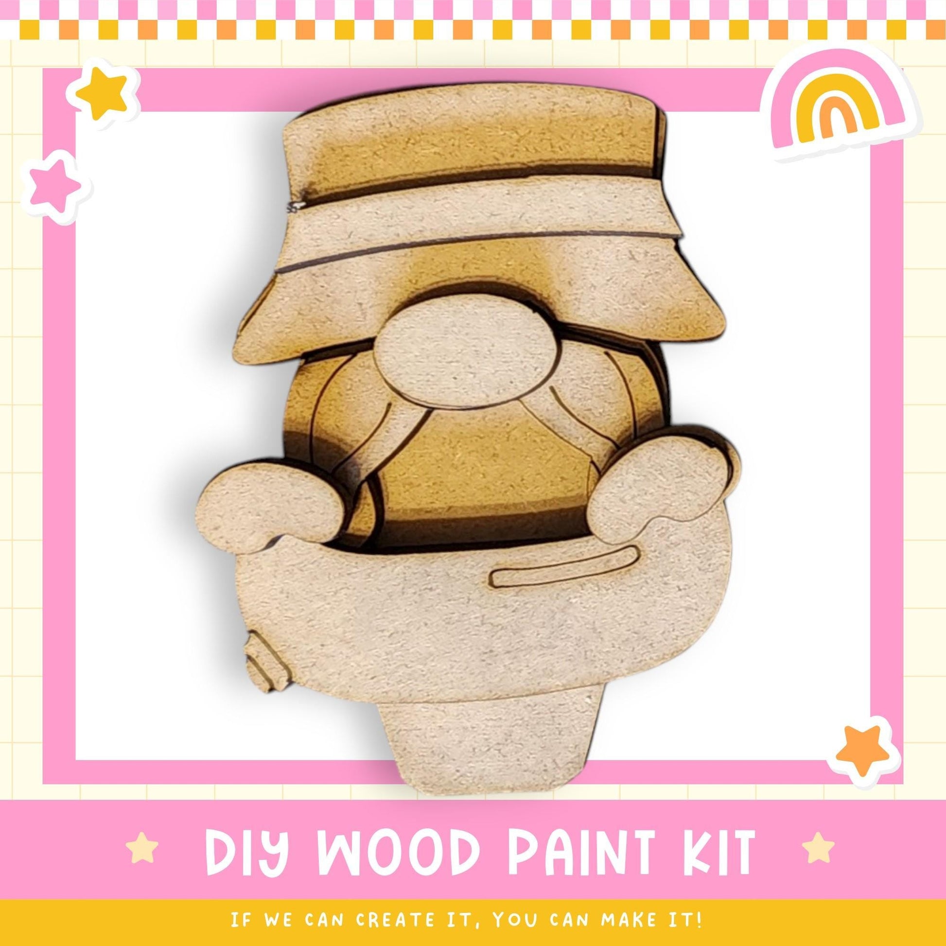 a wooden cutout of a bear sitting on a pot