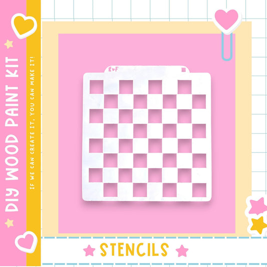 a DIY wood paint kit with a pink background and a white stencil in the center.