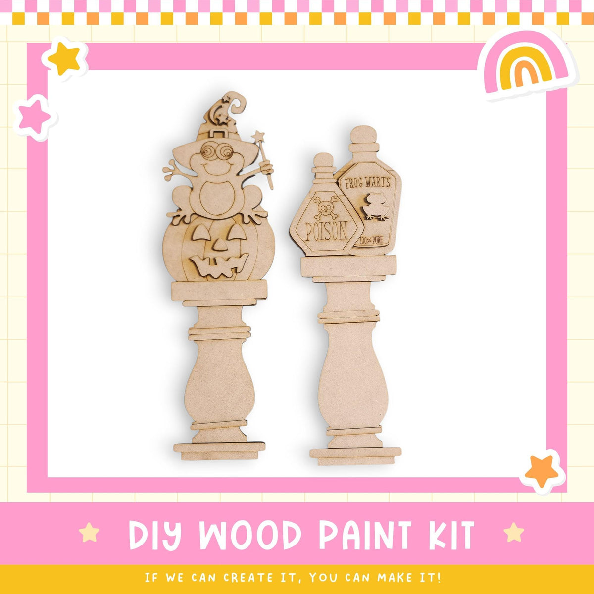 two wooden craft items, including a pumpkin and a bottle, with a DIY wood paint kit and a rainbow-colored border.