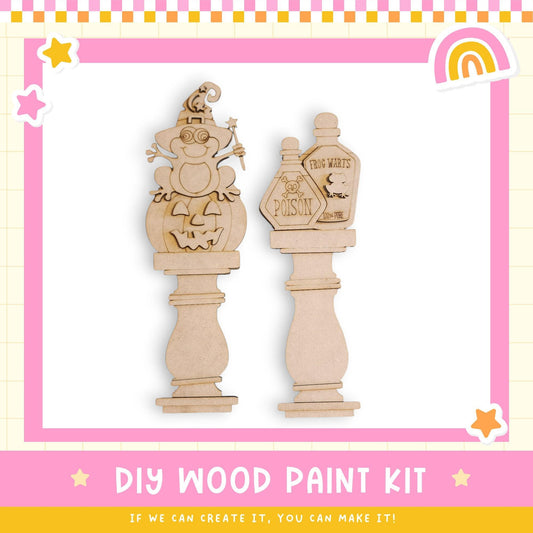 two wooden craft items, including a pumpkin and a bottle, with a DIY wood paint kit and a rainbow-colored border.