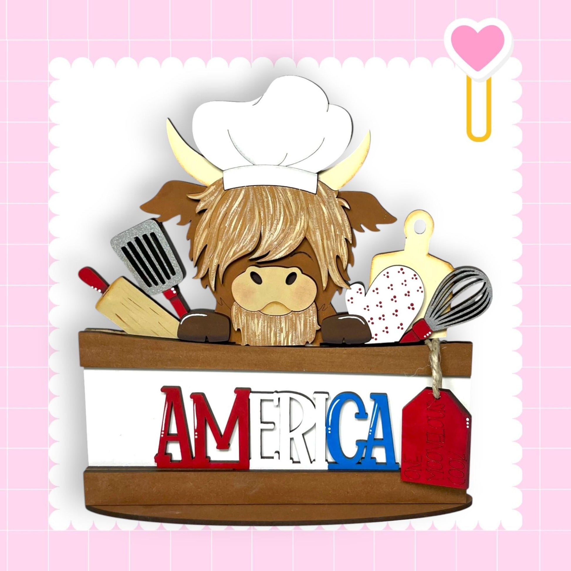 A cartoon cow wearing a chef's hat and surrounded by cooking utensils, with the word "AMERICA" displayed prominently in the foreground.
