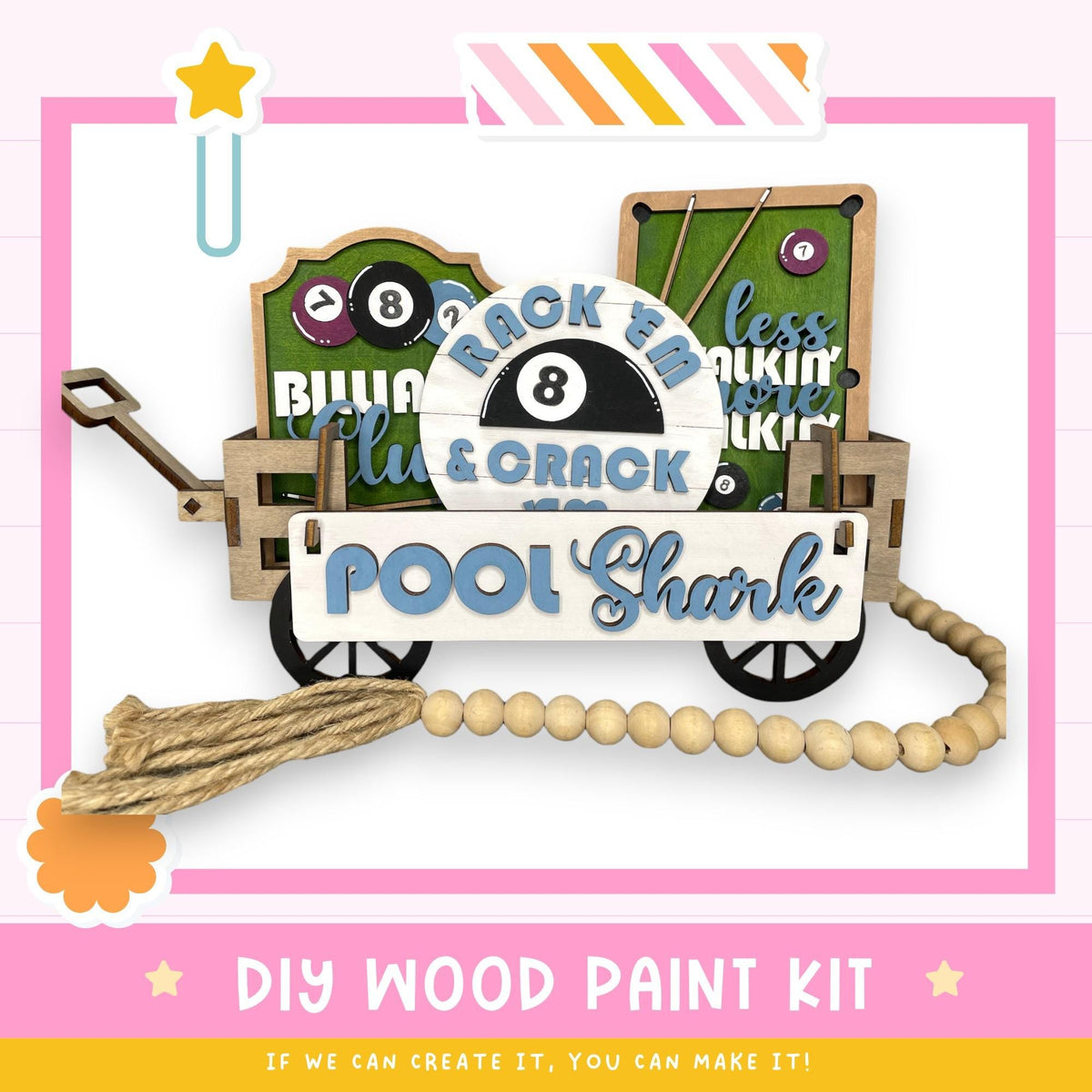 a wooden craft kit with a sign and a wheelbarrow