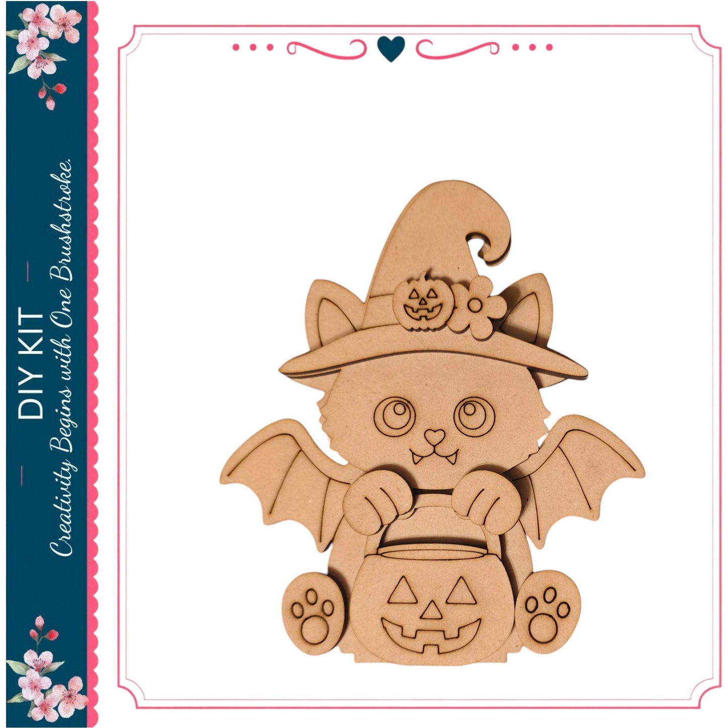A wooden bat-wearing cat with a carved pumpkin in its paws, wearing a witch's hat, and holding a carved pumpkin.