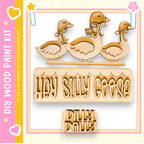 a wooden cutout of three wooden ducks, with the text "Hey Silly Goose" carved into the ducks.