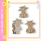 three wooden animal figurines, including a cow, a goat, and a sheep, arranged in a frame.