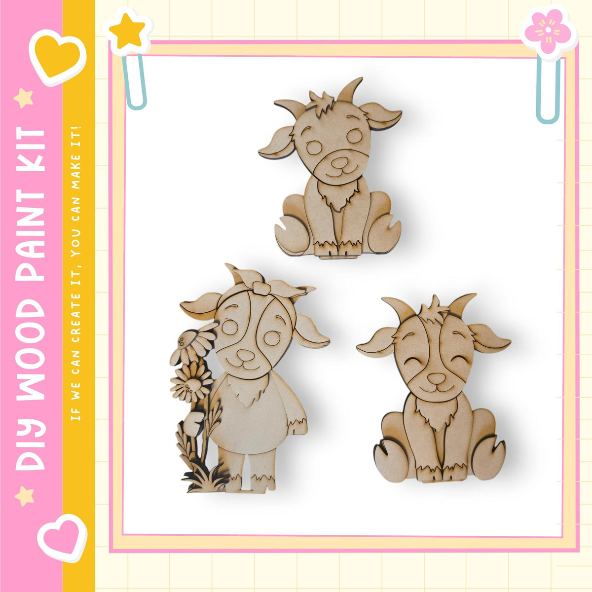 three wooden animal figurines, including a cow, a goat, and a sheep, arranged in a frame.