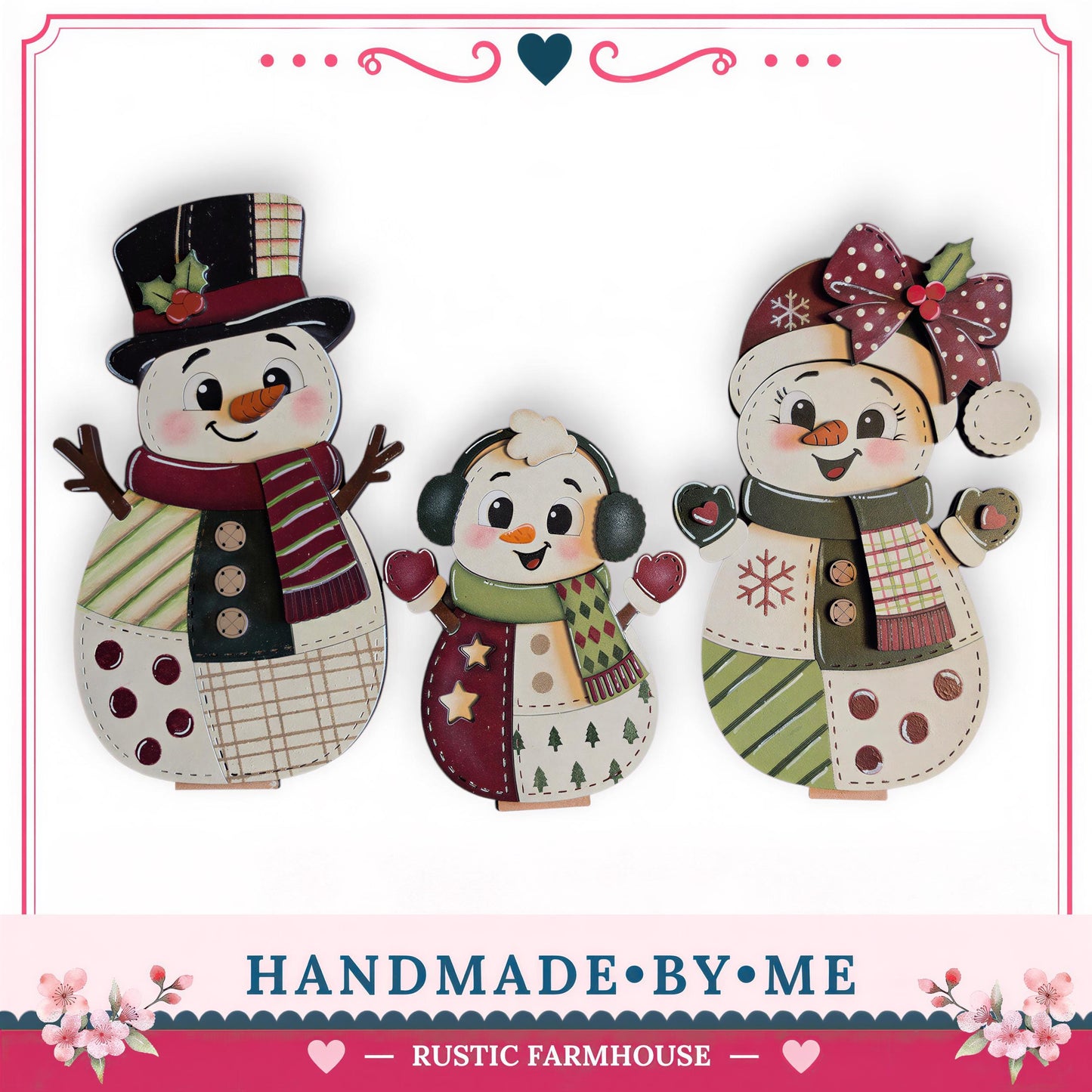 three handmade snowman decorations, each with unique features and accessories, arranged in a row.
