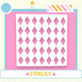 a white stencil with a diamond pattern on a pink background, surrounded by various decorative elements such as a star, a flower, and a striped border.