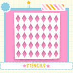 a white stencil with a diamond pattern on a pink background, surrounded by various decorative elements such as a star, a flower, and a striped border.