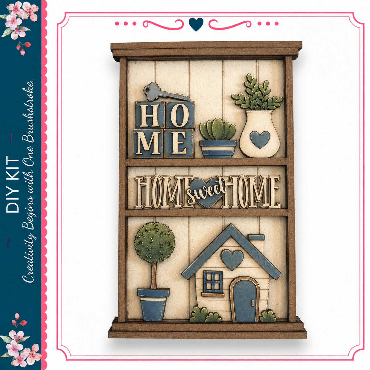 The image is a wooden shelf with various decorative elements, including a house, a heart-shaped planter, and a key. The shelf has the words "HOME SWEET HOME" written on it, and there are potted plants and a small tree displayed on it as well.