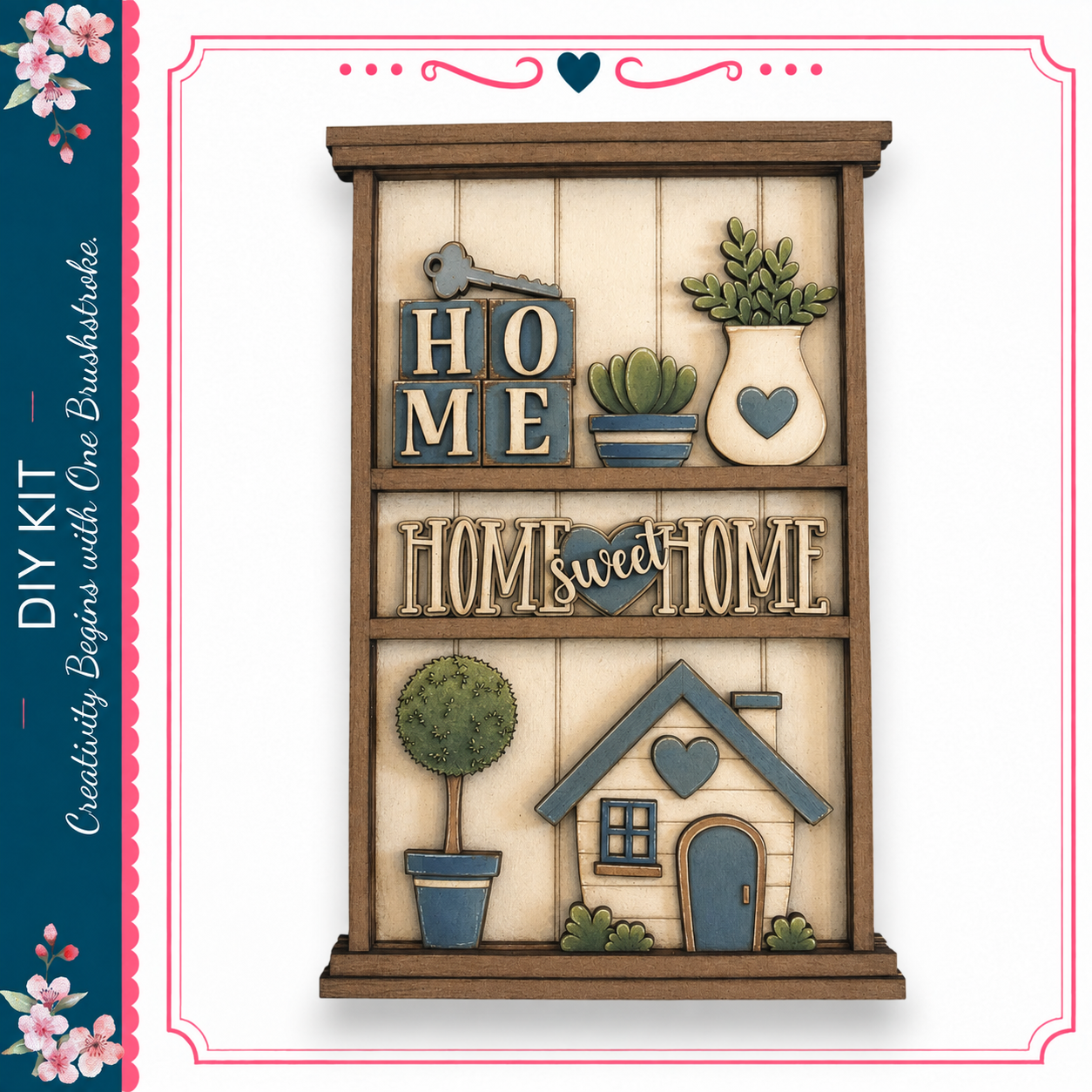 The image is a wooden shelf with various decorative elements, including a house, a heart-shaped planter, and a key. The shelf has the words "HOME SWEET HOME" written on it, and there are potted plants and a small tree displayed on it as well.