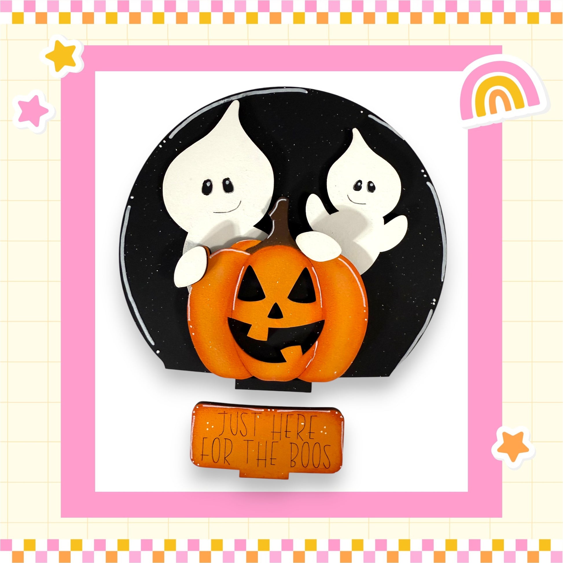 A Halloween-themed image featuring a carved pumpkin with a carved face, surrounded by two ghostly figures, and a sign that says "Just here for the boos".