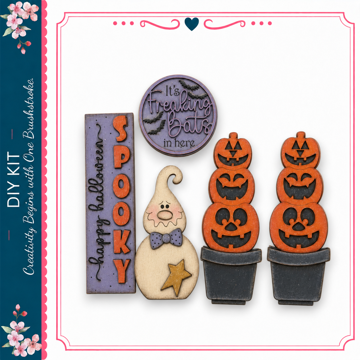 Halloween-themed decorations, including a spooky ghost, a witch, and two carved pumpkins.