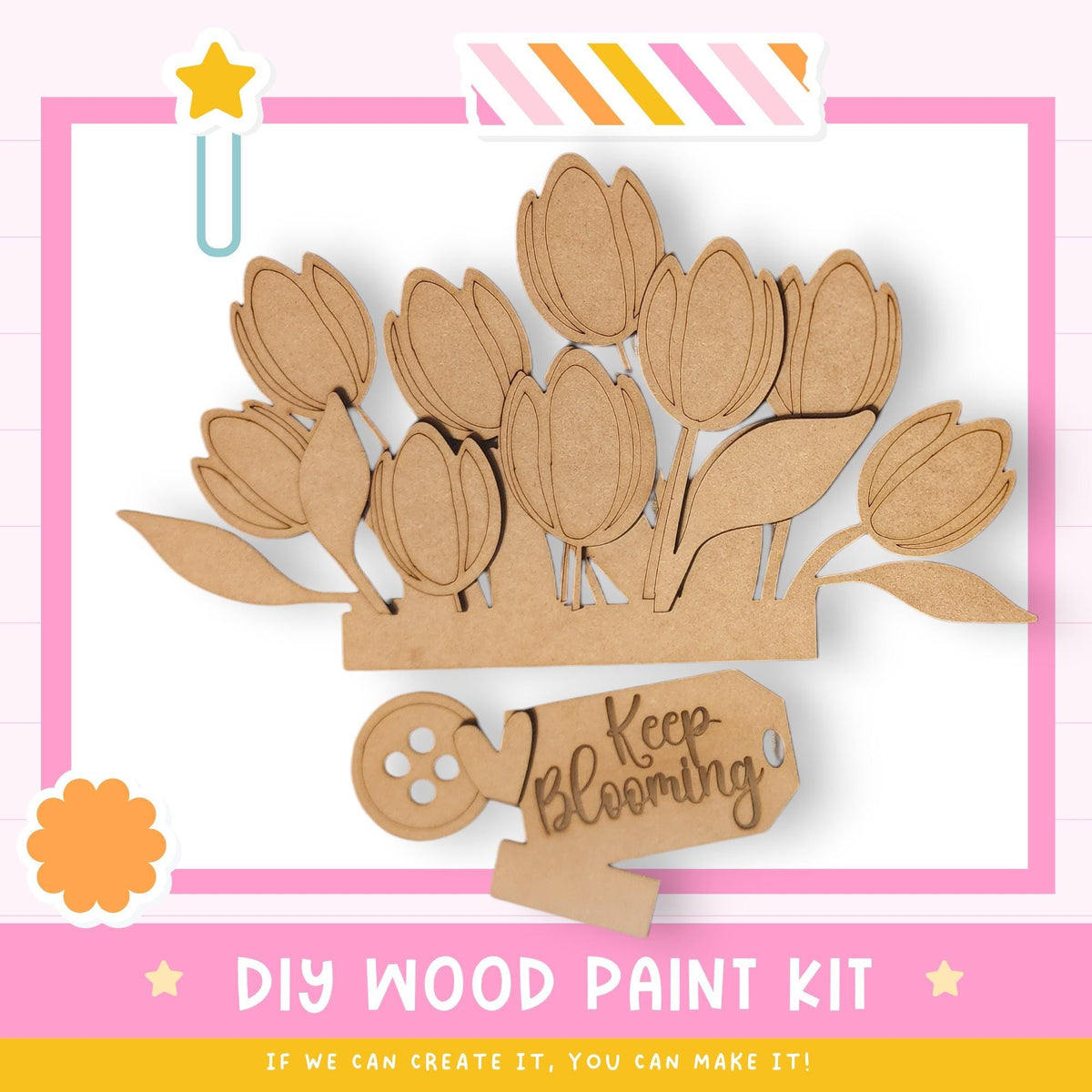 The image is a DIY wood paint kit featuring a wooden flower arrangement and a wooden tag with the text "Keep blooming". The kit appears to be made of wood and is designed for creating wooden flowers.
