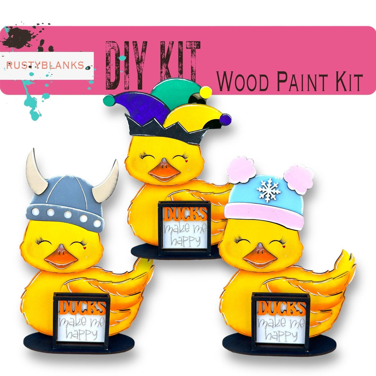 three rubber ducks with hats on their heads