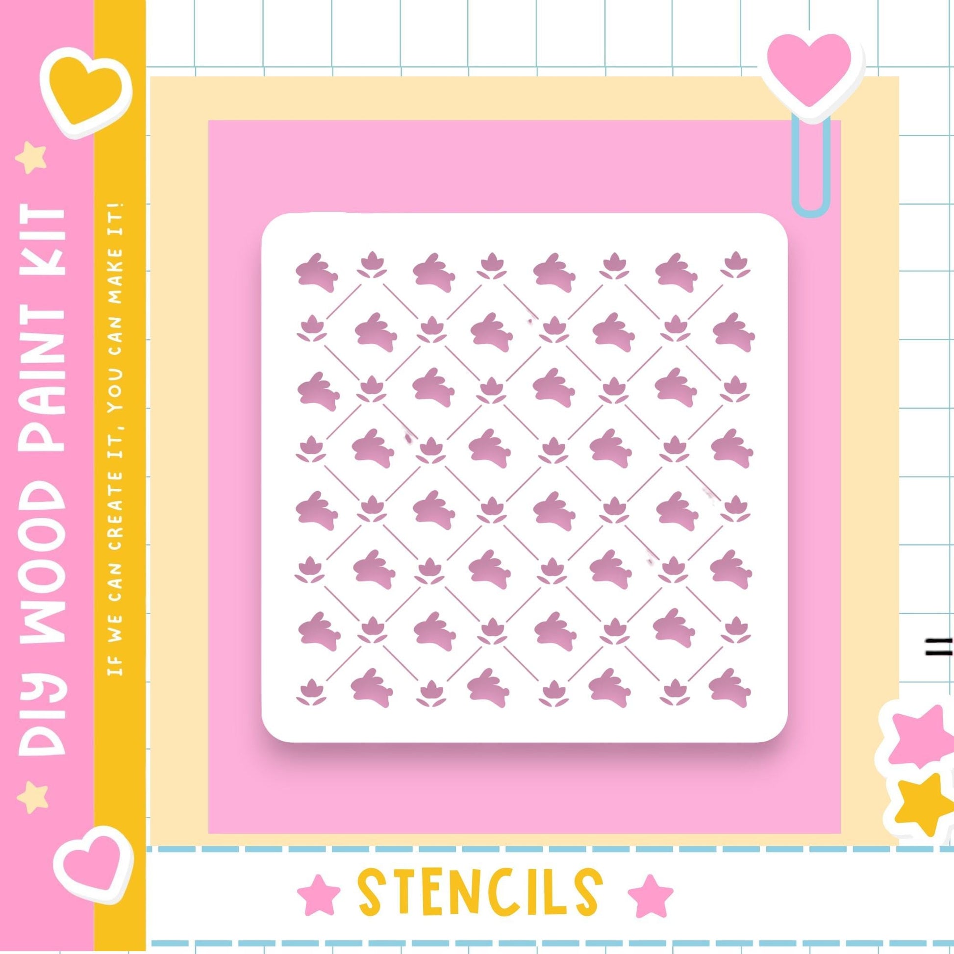 The image is a colorful and playful DIY paint kit featuring a square stencil with a repeating pattern of pink flowers against a pink background.