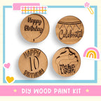 a set of three wooden birthday buttons with the words happy birthday written on them
