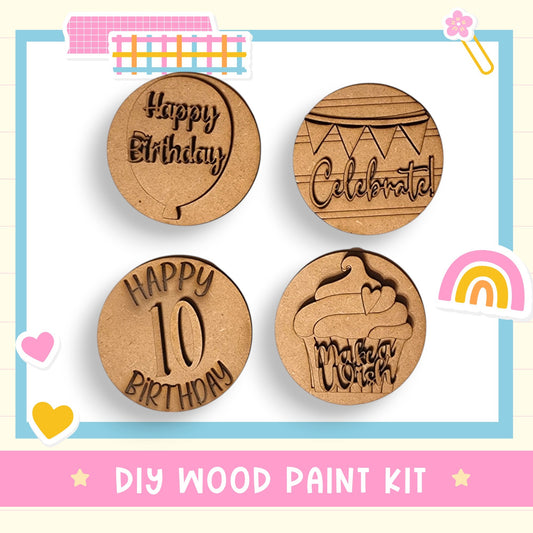a set of three wooden birthday buttons with the words happy birthday written on them
