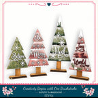 four wooden Christmas tree decorations with various holiday-themed sayings and designs.