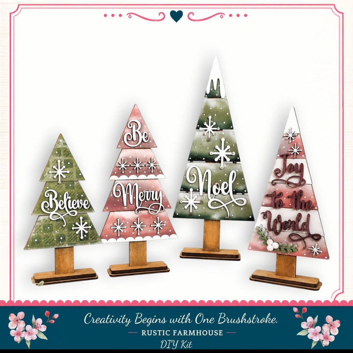 four wooden Christmas tree decorations with various holiday-themed sayings and designs.