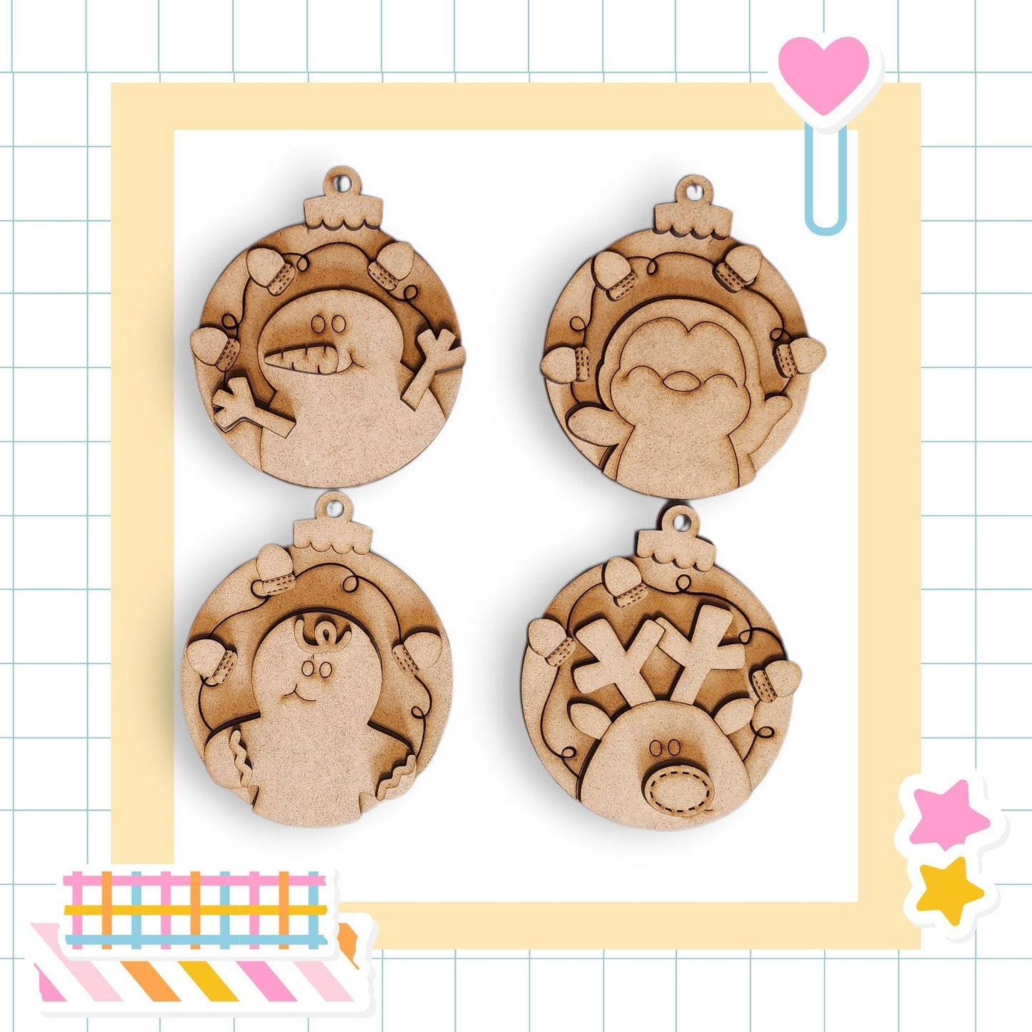 four wooden ornaments with various shapes and designs, including a penguin, a snowman, a reindeer, and a smiling face.