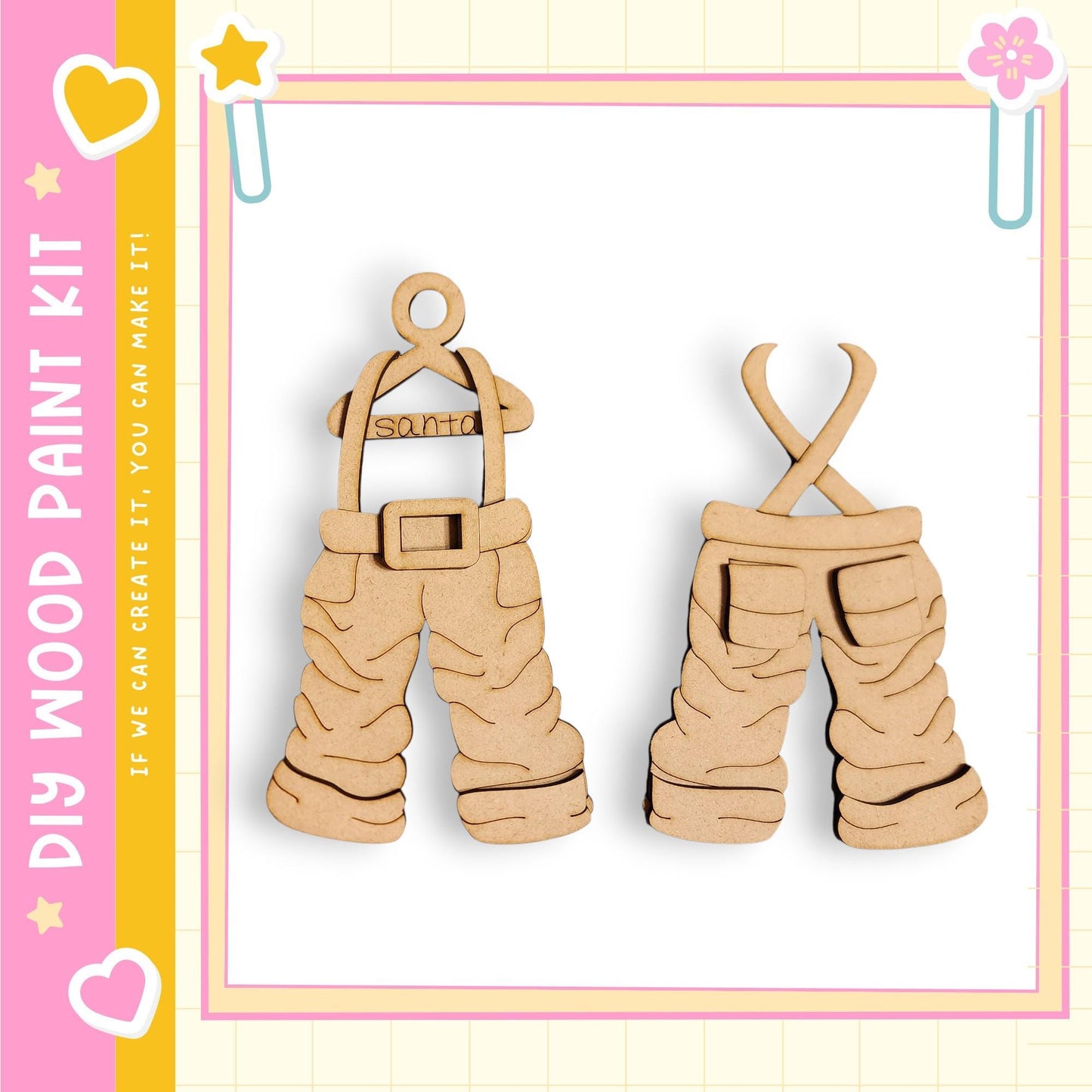 two wooden pants hanging on a frame, with a pink and yellow border.