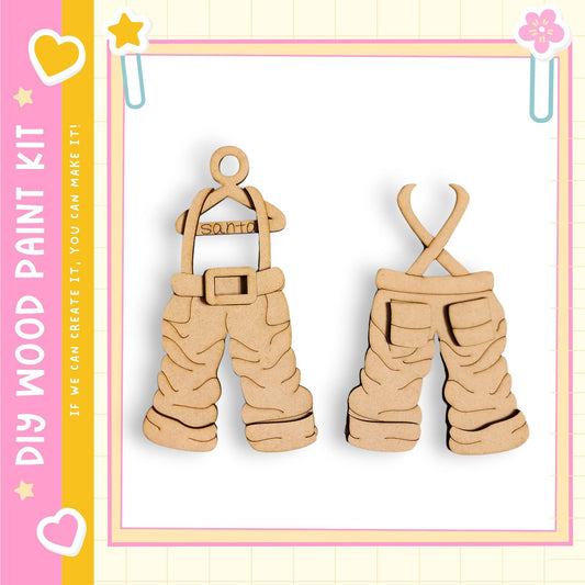 two wooden pants hanging on a frame, with a pink and yellow border.