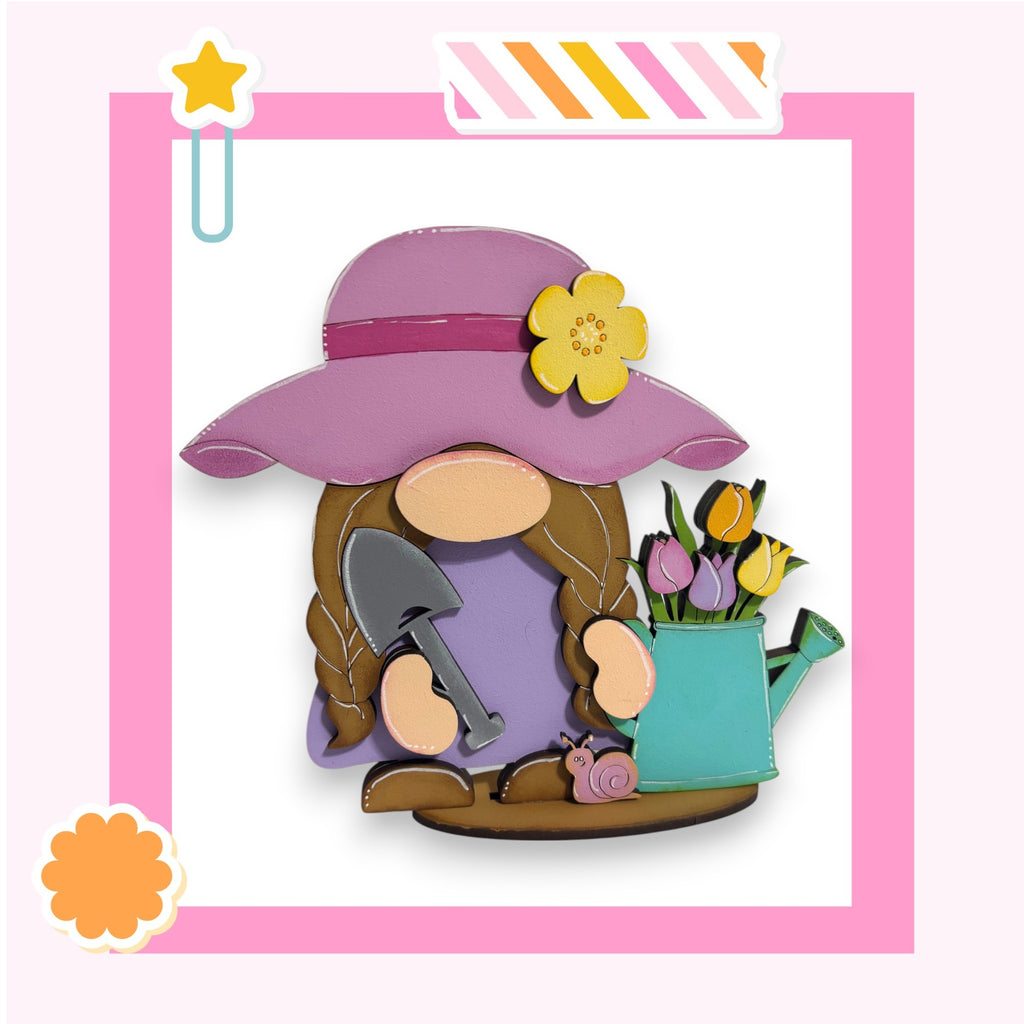 A whimsical illustration of a gnome-like character wearing a pink hat and holding a watering can, surrounded by flowers.