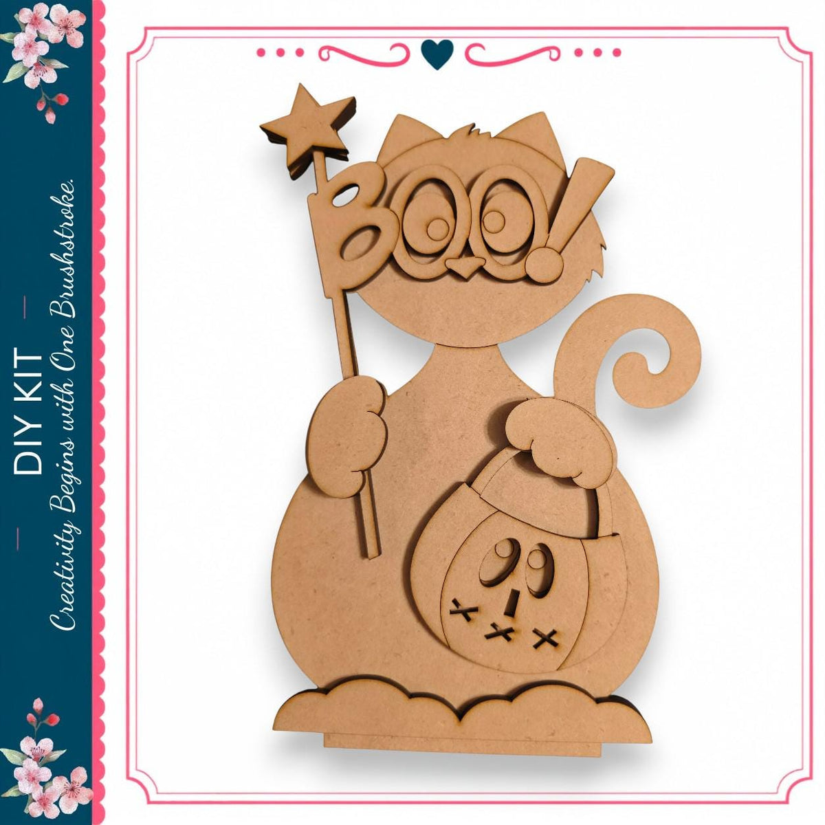 A wooden cutout of a cat holding a star and a carved pumpkin with a face.