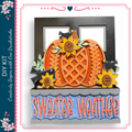 The image is a collage featuring a decorative pumpkin with sunflowers and birds, along with the text "Sweater Weather" displayed on a blue background.