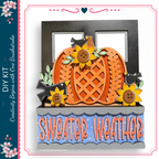 The image is a collage featuring a decorative pumpkin with sunflowers and birds, along with the text "Sweater Weather" displayed on a blue background.