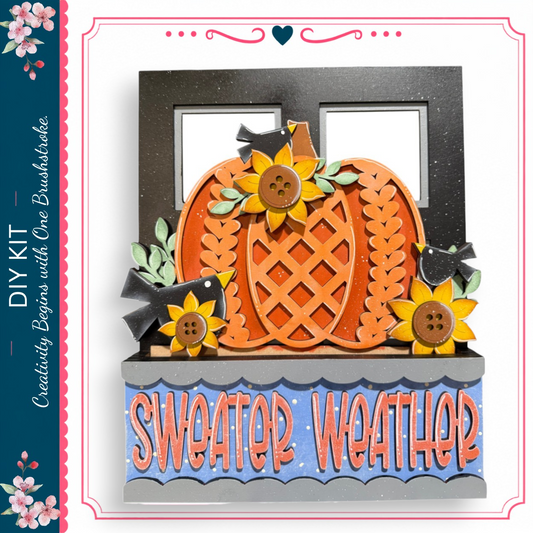 The image is a collage featuring a decorative pumpkin with sunflowers and birds, along with the text "Sweater Weather" displayed on a blue background.