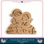 A wooden cutout of Santa Claus and a young girl, likely representing the Christmas theme, is displayed against a white background.