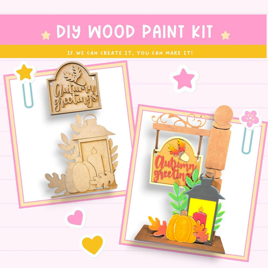 a wooden craft kit with two pictures of a house and a lantern