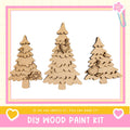 three wooden Christmas tree ornaments, each with unique designs and decorations, arranged in a row.
