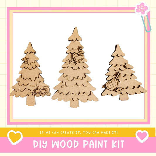 three wooden Christmas tree ornaments, each with unique designs and decorations, arranged in a row.