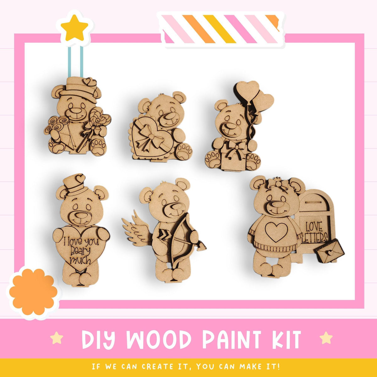 a DIY wood paint kit with various wooden bear designs, including a bear holding a heart, a bear holding a bow and arrow, and a bear holding a "LOVE LETTERS" sign.