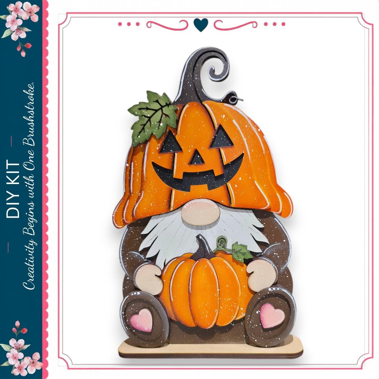A wooden gnome figure with a carved pumpkin on its head, wearing a brown outfit and holding a pumpkin.