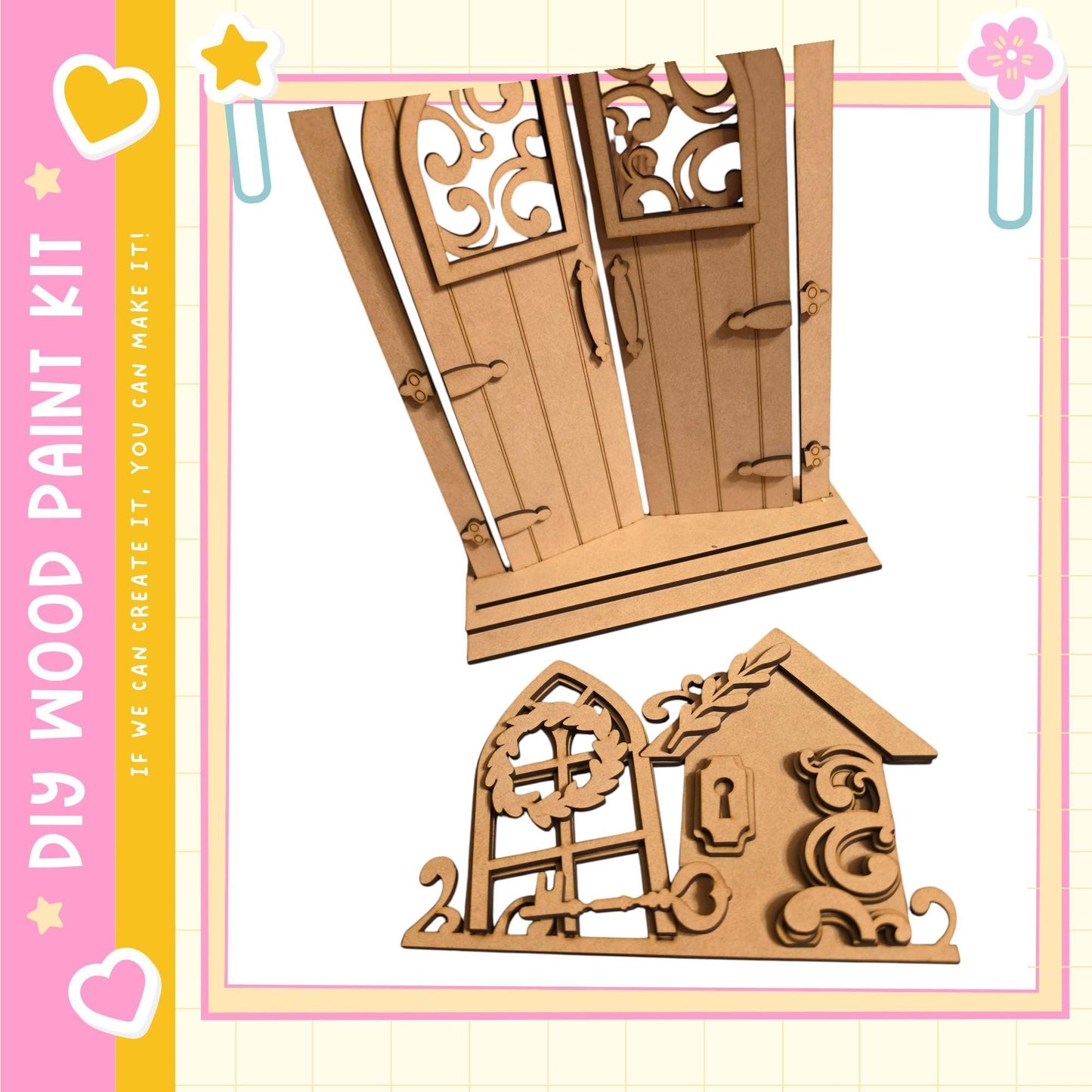 a wooden door and a small wooden house, both crafted from wood and displayed against a white background.